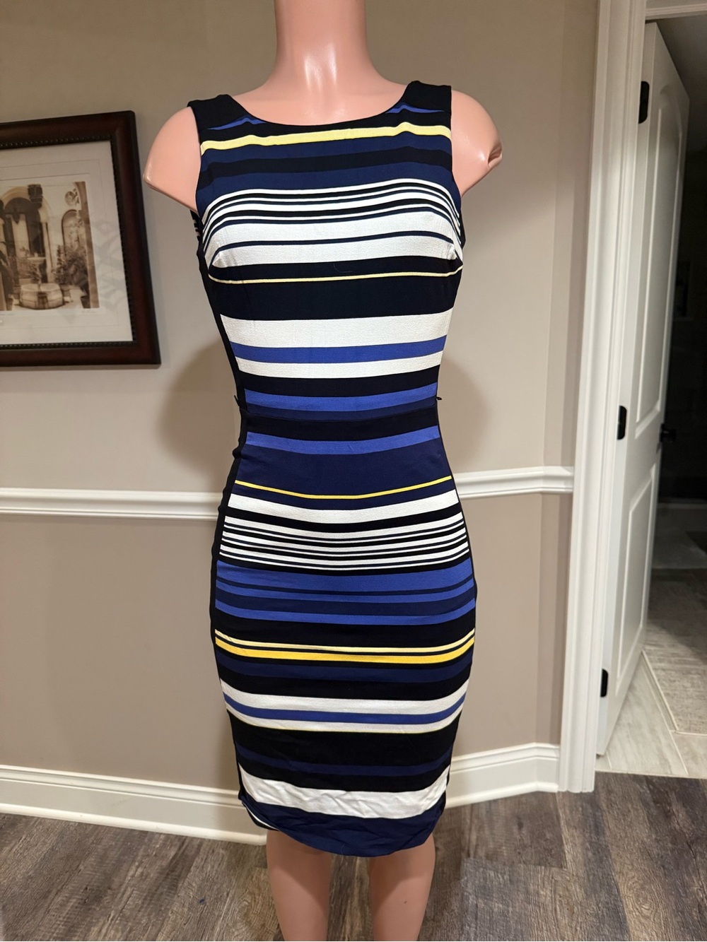White House Black Market Navy, Blue & Yellow Striped Midi Dress